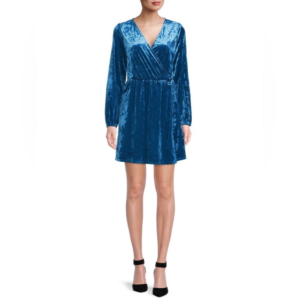 The Get Crushed Velvet Blue Faux Wrap Long Sleeve Dress Sz S
